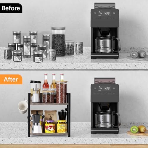 Kitchen Countertop Organizer, Coffee Bar Station Organizer for Countertop, 2 Tiers Kitchen Counter Shelf, Wooden Spice Rack Organizer, Space Saving Desk Shelving Riser Unit - Image 6