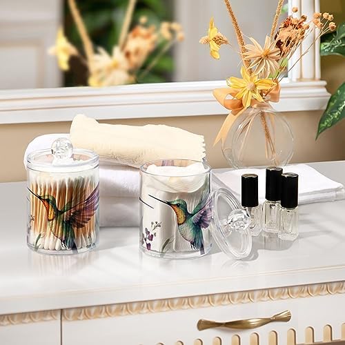 Vnurnrn Qtip Cotton Ball Holder Dispenser with Lid Watercolor Hummingbirds Print, Plastic Jars Bathroom Canisters Storage Organizer 4 Pack - Image 7