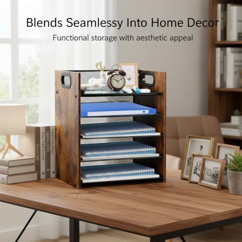 Desk Organizer - 5-Tier Desktop File Organizer, Wooden Paper Tray Organizer, Office Desk Organzier and Accessories for Papers, Mail, Notebooks, Stationery - Image 5