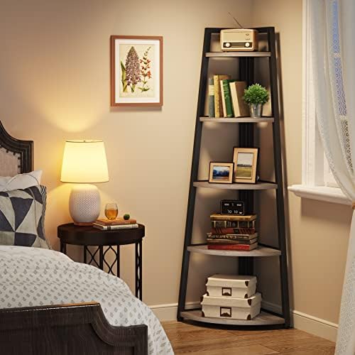 Tribesigns 70 inch Tall Corner Shelf, 5 Tier Industrial Corner Bookshelf Bookcase Industrial Corner Ladder Shelf Plant Stand for Living Room, Kitchen, Home Office (Grey) - Image 4