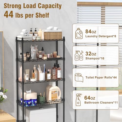 EAGMAK 4 Tier Over The Toilet Storage Rack, Bathroom Organizers and Storage Over Toilet with Adjustable Shelf and Basket, Above Toilet Storage Bathroom Cabinet for Small Space (Black) - Image 5