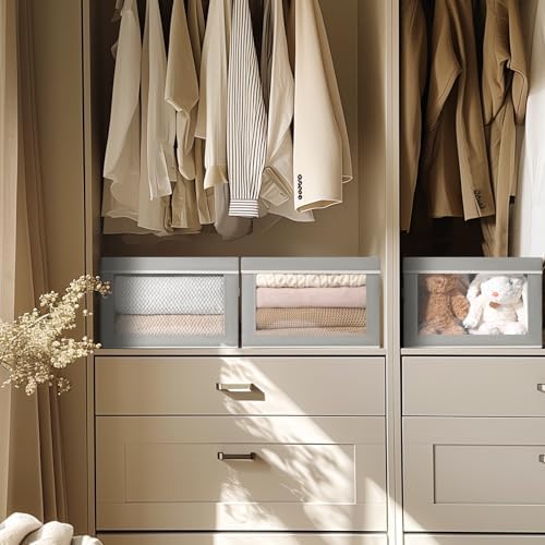 Homsorout Decorative Bins with Lids - Stackable Cube Bins for Closet, 5 Pack Clear Windows Fabric Organizer Bins, Home Organizers and Storage for Clothes, CD, Towels, Grey - Image 2