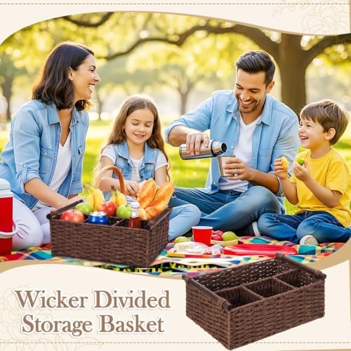 Remerry Brown Bathroom Countertop Organizer Caddy, Wicker-like Divided Basket with Handle and Metal Frame, 4 Compartment, Paper Rope Storage Organizer for Vanity Kitchen (15.35 x 10.24 x 6.3 in) - Image 6