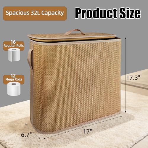 Bamboo Toilet Paper Storage Basket with Lid & Handle, 32L Large Capacity - Image 2