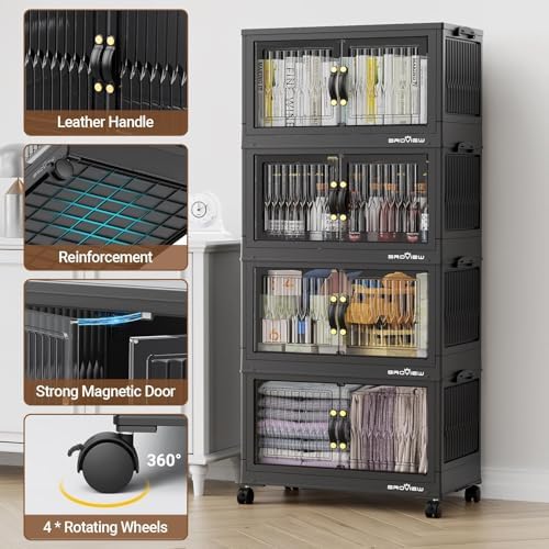 BROVIEW 300Qt Stackable Storage Bins with Lid, Extra Large Closet Organizer Collapsible Drawer Boxes with Wheels, Folding Plastic Cabinet Containers for Home Kitchen Room Organization, 5Pack Black - Image 3