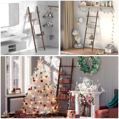 Farmhouse Wooden Blanket Ladder with Removable Hooks Brown 6-Tier - Image 4