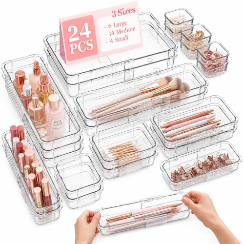 24 Pcs Clear Adjustable Drawer Organizer, 3-Size Expandable Desk Drawer Organizer Box, Acrylic Storage Bins for Makeup, Cosmetic, Kitchen Utensils, Bedroom Dressers Tool Organizer for Gadgets (24) by Unknown