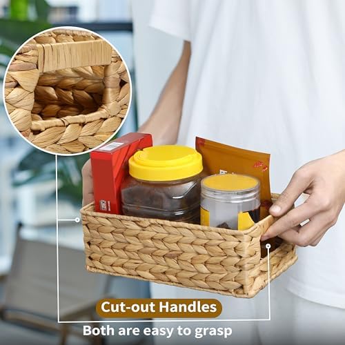 4 Small 3.6 QT Water Hyacinth Wicker Baskets for Shelves, 10" Long Woven Pantry Organizers and Storage Basket, Decorative Ratten Shallow Rectangle Baskets for Organizing Countertop Bathroom - Image 3