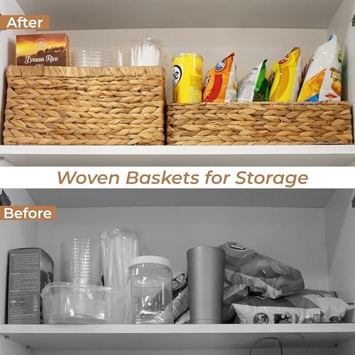 2-Pack Handwoven Water Hyacinth Storage Baskets with Handles, Wicker Bins for Pantry Organization, Shelf or Closet Organizer, Decorative Boho Rectangular Basket 13.5" x 8" - Image 5