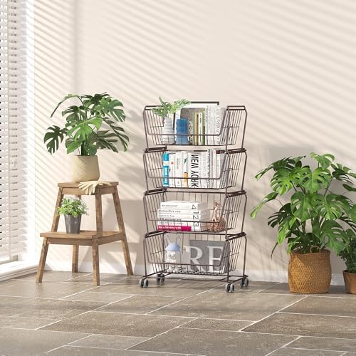 PUSDON 4-Tier Large Stackable Wire Storage Baskets with Wheels, Metal Rolling Utility Cart Organizer, Produce Basket for Kitchen Pantry, Floor Shelf, Vintage Bronze - Image 2