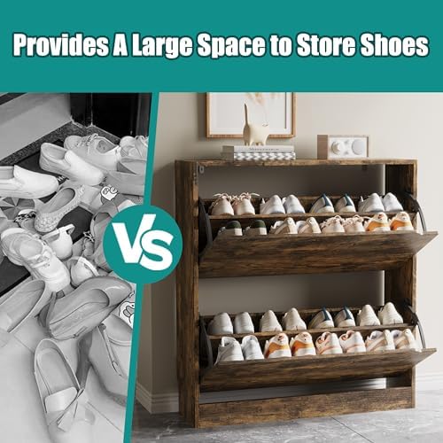 Xixini Shoe Storage Cabinet for Entryway with 2 Flip Drawers, Sturdy Wood Hidden Shoe Storage, Freestanding Narrow Slim Shoe Organizer for Front Door Entrance, Living Room, Hallway, Bedroom, Brown - Image 5