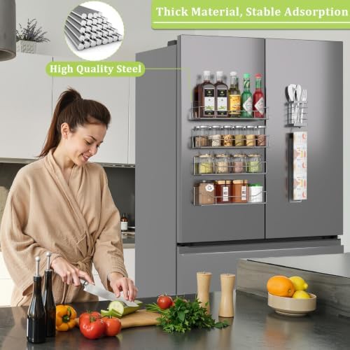 Magnetic Spice Rack for Refrigerator, 6 Pack Strong Magnet Spice Organizer with Paper Towel Holder, Utensil Holder, Moveable Magnetic Fridge Shelf for Kitchen Organization and Storage (Grey) - Image 5