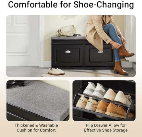 Haotian Black Storage Shoe Bench with Two Flip Drawers - Image 3