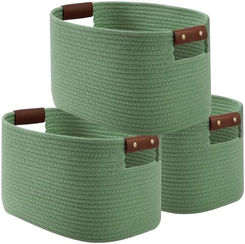 ECDYQXVU 15x10x9 Woven Cotton Rope Storage Basket, Leather Handles 3 Pack by ECDYQXVU