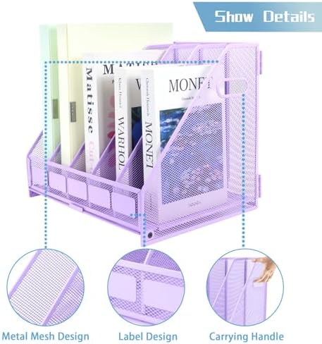 Desk Organizers Metal Magazine File Holder Racks Desktop Folder Storage Binder Organiser Document Organization for Home Office & Classroom,5 Vertical Compartments-Purple - Image 3