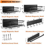5 Pack Multifunctional Magnetic Shelves for Refrigerator Spice Rack & Washing Machine Organize, Include Paper Towel Holder, Kitchen Utensil Hanger and Hooks, Strong Magnet for Secure Hold (Black) - Image 2
