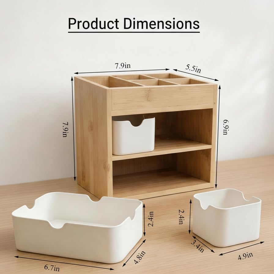 Bamboo 3-Drawer Makeup Organizer, Mortise & Tenon Vanity Box Desk Organizer - Image 3
