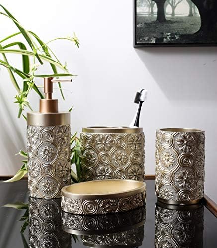 Hymmah Bathroom Accessories Set,Golden Design Toothbrush Holder,Farmhouse Bathroom Decor,4 Pcs Resin Gift Set Apartment Necessities, Contain Toothbrush Cup,Soap Dispenser,Soap Dish,Tumbler - Image 5