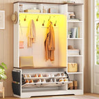 Itaar Hall Tree with Bench and Shoe Storage, Farmhouse Entryway Bench with Coat Rack, Shoe Cabinet with Flip Drawers, 7 Shelves, 10 Coat Hooks, Storage Bag, Led Lights, White by Itaar