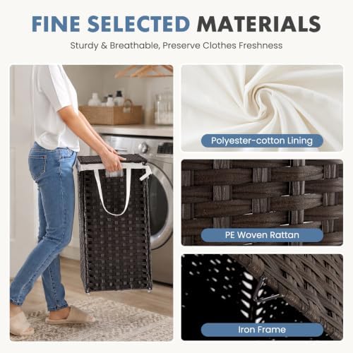 DUMOS Laundry Basket with Lid, 90L Wicker Laundry Hampers, Chestnut Brown - Image 3