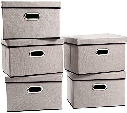 PRANDOM Foldable Storage Bin with Lid [5-Pack] Linen Fabric Decorative Storage Box Organizer Container Basket Cube with Handles Divider for Closet Office Living Room Light Grey(14.9x9.8x9.8) by Prandom