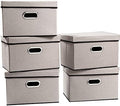 PRANDOM Foldable Storage Bin with Lid [5-Pack] Linen Fabric Decorative Storage Box Organizer Container Basket Cube with Handles Divider for Closet Office Living Room Light Grey(14.9x9.8x9.8) by Prandom