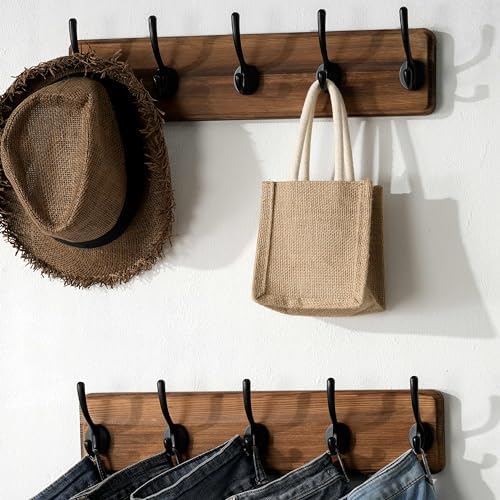 SKOLOO Rustic Coat Rack Wall Mount, 5 Hooks, 17 Inch, Solid Wood, Brown - Image 4