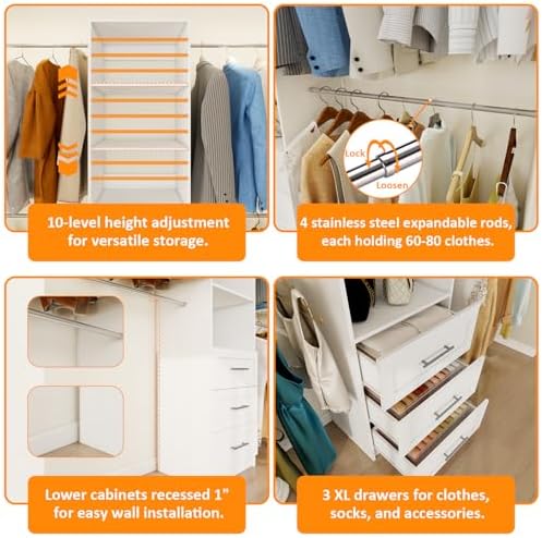 Closet System, 5FT-8FT Closet Organizer System with 3 Wooden Drawers, 99" Walk In Closet Organizer and Storage with 4 Expandable Hanging Rods, Wall Mount, White - Image 5
