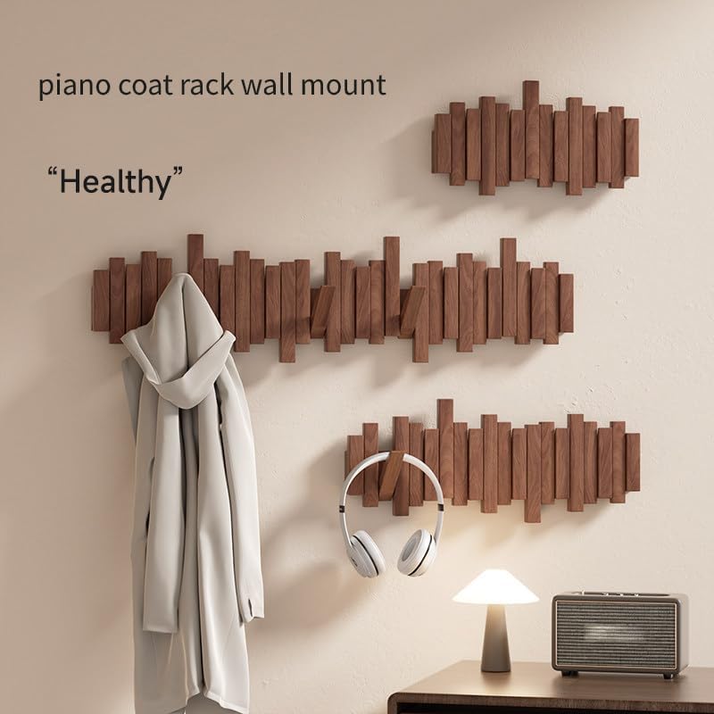 ELECANE Piano Key Coat Rack Wall Mount, Solid Wood Flip Down Magnetic Hooks Piano Coat Rack, Wall Mounted Coat Hanger 8‑Hooks for Entryway Hallway Bedroom Kitchen Home Storage - Image 2