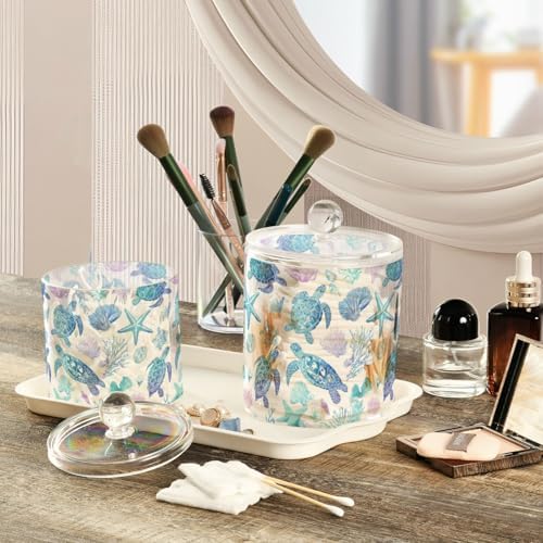 Line Art Turtles Starfish and Coral Qtip Holder Waterproof Dustproof Apothecary Jars with Lids For Bathroom Cotton Swabs Makeup Sponges Floss Picks Bath Salts 2 Pack - Image 5