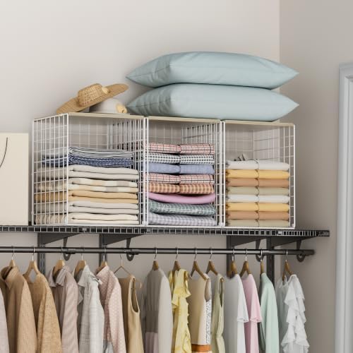 Hencawima 3-Pack Taller Stackable Closet Organizers and Storage with Wood Top,White | Wire Storage Bins for Clothes, Double Storage Design, Sturdy Metal Cube Shelf Organizer for Closet Wardrobe-Black by Hencawima