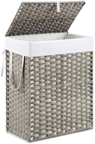 DUMOS Woven Laundry Basket with Lid, 90L Large Capacity Hamper, Removable & Machine-Washable Liner, Foldable Rattan Clothes Hamper, Sturdy Steel Frame, Odor Control, Dove Gray by DumosLifestyle