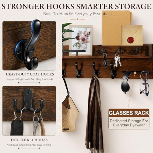 Wooden Wall Mounted Coat Rack for Entryway, Coat Rack Wall Mount with Shelf - Image 6