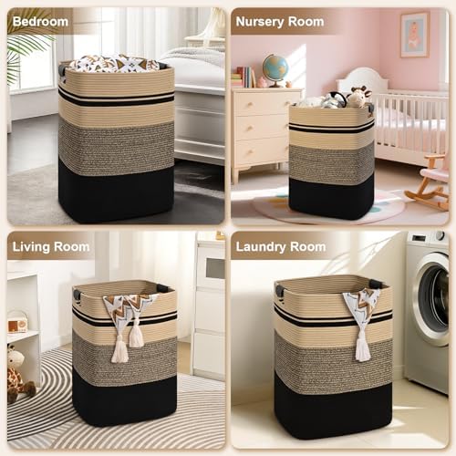 Laundry Hamper, 75L Tall Laundry Basket with Leather Handles, Rectangle Large Clothes Hamper for Organizing, Cotton Woven Laundry Baskets Storage Hampers for Bedroom, Nursery, Living Room - Image 6