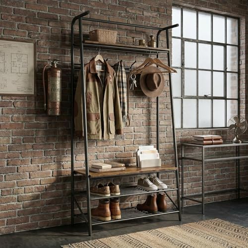 31.5" Retro Brown Hall Tree with Bench and Shoe Storage, Single Row Hooks Coat Rack Freestanding Organizer, Heavy Duty Coat Rack with Shoe Storage, Coat and Shoe Rack Entryway Mudroom Foyer by SLEKVERSA