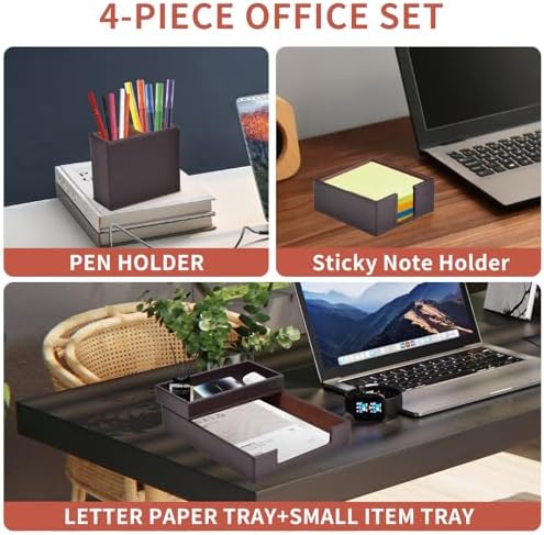 4 Pack Leather Office Supplies/Desk Organizer for Letter Paper Tray,Sticky Note Holder,Pen Cup,Stackable Small Letter Mail Sorter Tray,Workspace Decor for Women Men (Brown, 4-piece set) - Image 2