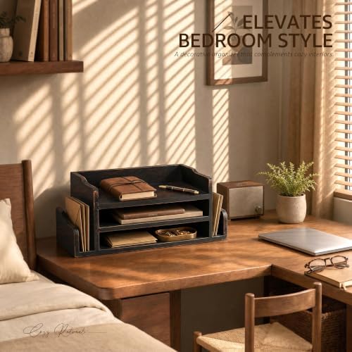 Wood Desk Organizer: File Organizer with 3-Tier Shelf, Distressed Black - Image 4