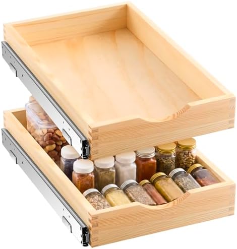 Menkxi 2 Set Wooden Pull out Cabinet Organizer Fully Assembled Slide out Pantry Drawer with Gentle Close Storage Shelf Tray for Base Kitchen Under Sink Bathroom (Wood Color,14'' X 21'' X 3'') by Menkxi