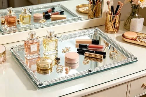 Large Mirror Perfume Tray for Dresser,Silver Crushed Diamond Filled - Image 3