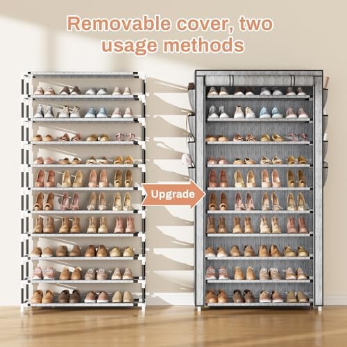 VTRIN Tall Shoe Rack with Cover, 10 Tier Shoe Organizer Storage for 50-55 Pairs Shoes and Boots Large Capacity Shoe Shelf with 8 Pockets Free Standing Shoe Rack for Closet, Entryway, Garage, Printing - Image 5