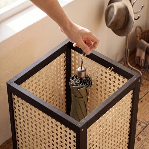 TrailBlaze Rattan-Style Wooden Umbrella Stand for Entryway, Slim Square Umbrella Holder - Removable Drain Tray - Metal Hooks & Raised Feet, Black, 51 x 24 x 24 cm - Image 3