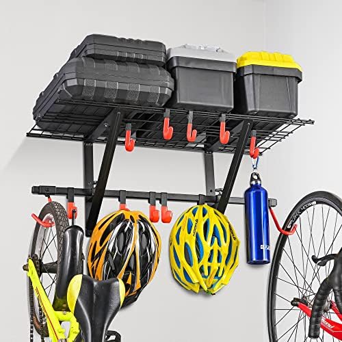 PLKOW Garage Wall Shelving 1 Pack Includes 2 Bike Hooks, Wall Shelves Garage Organizer with Vertical Bike Hanger, Powder Coated Steel (1 Pack) by PLKOW