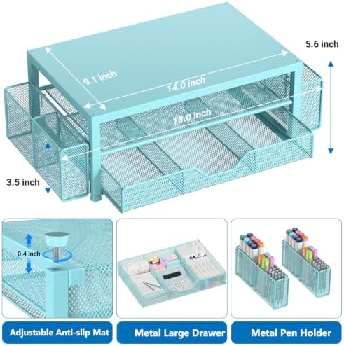 OPNICE Desk Organizers and Accessories, Computer Monitor Stand Riser with Drawer and 2 Pen Holders, Printer & Laptop Stand, Office Desk Accessories & Workspace Organizers for Home Office Supplies, Soft Blue - Image 7