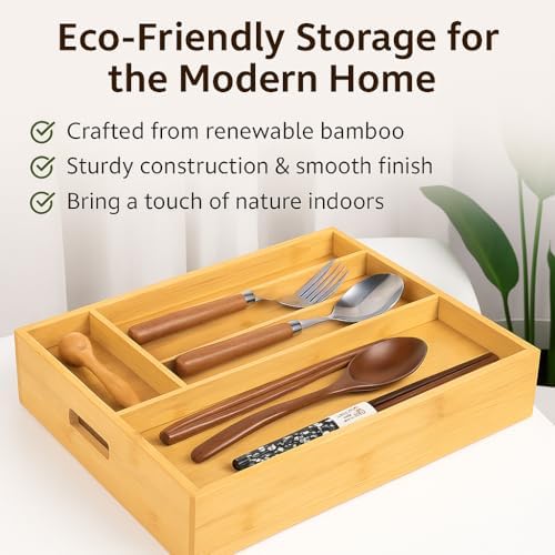 Bamboo Expandable Flatware Drawer Organizer Stackable Bamboo Silverware Drawer Organizer – 2-Tier Kitchen Utensil Tray with Compartments - Image 6