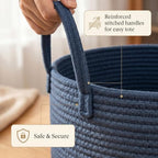 Large Cotton Rope Laundry Basket 80L, Navy Blue Woven Storage Basket with Handles, Decorative Clothes Hamper for Bedroom Living Room, Tall Blanket Basket for Towels Pillows, Modern Organization - Image 4