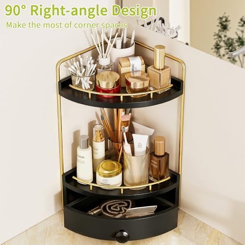 2-Tier Corner Bathroom Counter Organizer with Drawer, Black Gold - Image 5