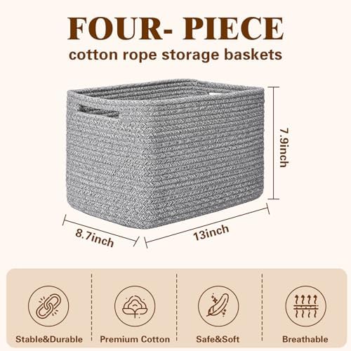 Storage Baskets for Organizing, 4 Pack Baskets for Shelves, Decorative Storage Bins for Shelves, Cotton Rope Storage Basket with Handles, Woven Basket for Storage, 13''Lx8.7''Wx7.9''H, Gray - Image 3