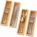 4 Pcs Bamboo Drawer Organizer Stackable Utensil Organizer for Kitchen Bamboo Storage Box Wood Silverware Tray for Drawer, Dresser, Bathroom 12" x 3" x 2" by Ferrochef