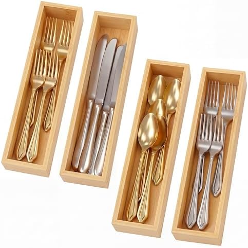 4 Pcs Bamboo Drawer Organizer Stackable Utensil Organizer for Kitchen Bamboo Storage Box Wood Silverware Tray for Drawer, Dresser, Bathroom 12" x 3" x 2" by Ferrochef