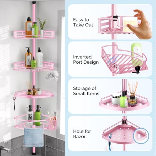 HAMITOR Corner Shower Caddy, 4 Tier Adjustable Bathroom Organizer - Pink - Image 5